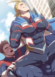 Rule 34 | 2boys, aged down, all might, arms behind back, bara, blonde hair, blue bodysuit, blue eyes, blush, bodysuit, boku no hero academia, bulge, bulge to ass, couple, covered abs, covered erect nipples, eddlayer, endeavor (boku no hero academia), facial hair, flaccid, highres, imminent anal, imminent penetration, large pectorals, male focus, mature male, multiple boys, muscular, muscular male, paid reward available, pectorals, red hair, scar, short hair, sideburns, skin tight, spiked hair, spread legs, stubble, thighs, watermark, yaoi