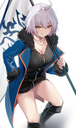 Rule 34 | 1girl, :q, absurdres, ahoge, bee doushi, black dress, black footwear, blue jacket, blush, boots, breasts, cleavage, closed mouth, collarbone, dress, fate/grand order, fate (series), flag, flagpole, fur-trimmed jacket, fur trim, highres, holding, holding flag, holding pole, jacket, jeanne d&#039;arc (fate), jeanne d&#039;arc alter (fate), jeanne d&#039;arc alter (ver. shinjuku 1999) (fate), jewelry, knee boots, large breasts, leaning forward, looking at viewer, necklace, official alternate costume, pole, short dress, short hair, solo, tongue, tongue out, v-shaped eyebrows, white background, white hair, yellow eyes