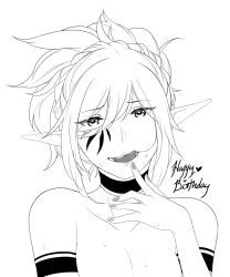 Rule 34 | 1girl, armlet, borrowed character, braid, breasts, cleavage, emi-tan, finger to mouth, fingernails, greyscale, hair between eyes, hair up, happy birthday, head tilt, kaleina (ricegnat), monochrome, original, pointy ears, short hair, simple background, solo, sweat, sweatdrop, tattoo, topless frame, upper body, white background