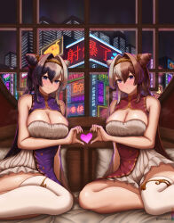 Rule 34 | &gt; &lt;, 2girls, aged up, alternate breast size, azur lane, bare shoulders, breasts, building, chao ho (azur lane), chinese clothes, chinese commentary, cityscape, cleavage, cone hair bun, dress, feet out of frame, framed breasts, hair bun, hair horns, hair intakes, heart, heart hands, heart hands duo, heart in heart hands, highres, indoors, large breasts, long hair, looking at viewer, manjuu (azur lane), multicolored hair, multiple girls, neon lights, night, ohwani333, purple dress, purple eyes, purple hair, red hair, siblings, single thighhigh, sisters, sitting, skindentation, skyscraper, split-color hair, thighhighs, two-tone hair, very long hair, white hair, white thighhighs, window, ying swei (azur lane)