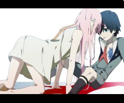 Rule 34 | 10s, 1boy, 1girl, black hair, blue eyes, couple, darling in the franxx, face-to-face, highres, hiro (darling in the franxx), horns, leje39, letterboxed, long hair, looking at viewer, military, military uniform, necktie, nightgown, open clothes, pink hair, red neckwear, scarf, short hair, sitting, uniform, white nightgown, zero two (darling in the franxx)