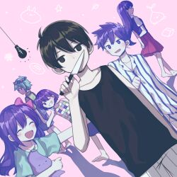 Rule 34 | 2girls, 4boys, alternate skin color, antenna hair, aqua eyes, aqua hair, aqua shirt, arm at side, arms behind back, aubrey (headspace) (omori), aubrey (omori), bare arms, barefoot, basil (headspace) (omori), basil (omori), black eyes, black hair, black tank top, blue overalls, blue pajamas, blush, bow, bright pupils, brother and sister, brothers, buttons, checkered clothes, checkered shirt, clenched hand, closed eyes, closed mouth, collarbone, collared shirt, covering own mouth, full body, green shirt, grin, hair behind ear, hair between eyes, hair bow, head wreath, hero (headspace) (omori), hero (omori), holding, holding knife, holding stuffed toy, inuko (ink0425), kel (headspace) (omori), kel (omori), knife, light bulb, long hair, long sleeves, looking ahead, looking at another, looking at viewer, mari (headspace) (omori), mari (omori), medium skirt, multiple boys, multiple girls, no pupils, omori, omori (omori), one eye closed, open mouth, outstretched arm, overall shorts, overalls, pajamas, pants, pink background, pink bow, purple eyes, purple hair, purple shorts, purple sweater vest, rabbit, red skirt, shirt, short hair, short sleeves, shorts, siblings, skirt, sleeveless, smile, snowflakes, sprout mole, standing, striped clothes, striped pajamas, striped pants, striped shirt, striped shorts, stuffed eggplant, stuffed toy, sweater vest, tank top, upper body, vertical-striped clothes, vertical-striped pajamas, vertical-striped pants, vertical-striped shirt, vertical-striped shorts, white pajamas, white pupils, white shorts