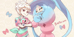 Rule 34 | 1boy, ahoge, bede (pokemon), blonde hair, character name, closed mouth, collared shirt, commentary, creatures (company), crossed arms, curly hair, eyelashes, game freak, gen 8 pokemon, gloves, hand to own mouth, hatterene, nintendo, pokemon, pokemon (creature), pokemon swsh, purple eyes, sasairebun, shirt, short sleeves, single glove, smile, tied shirt, v-shaped eyebrows