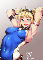 Rule 34 | 10s, 1girl, :d, aqua eyes, arched back, armband, armpits, arms behind head, bad id, bad pixiv id, blonde hair, blue eyes, blue hair, breasts, covered erect nipples, covered navel, fang, goggles, goggles on head, granblue fantasy, highres, matching hair/eyes, meicha, navel, open mouth, pengie, short hair, skin tight, small breasts, smile, solo, sparkle, sweat