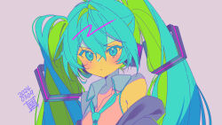 Rule 34 | 1girl, armpit crease, bare shoulders, black sleeves, blue eyes, blue hair, blue necktie, blush, closed mouth, collared shirt, dated, detached sleeves, frilled shirt, frills, green hair, hair between eyes, hair ornament, halftone, hatsune miku, headset, highres, kurisu sai, long hair, long sleeves, looking at viewer, miku day, multicolored hair, necktie, open collar, pink background, portrait, shirt, sidelocks, simple background, sleeveless, sleeveless shirt, solo, twintails, two-tone hair, v-shaped eyebrows, vocaloid