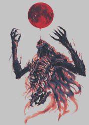 Rule 34 | absurdres, blood, bloodborne, character request, claws, commentary, eldritch abomination, english commentary, grey background, hands up, highres, monochrome, moon, no humans, red moon, red theme, shimhaq, simple background