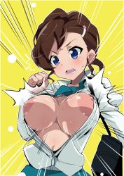 Rule 34 | 1girl, blue eyes, blush, breasts, breasts out, brown hair, bursting breasts, center opening, gegege no kitarou, inuyama mana, large areolae, large breasts, nipples, no bra, oda koziki, open mouth, school uniform, solo, unbuttoned, upper body