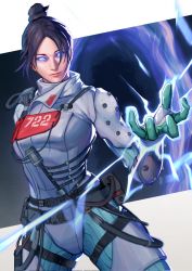 Rule 34 | 1girl, apex legends, belt, black belt, black hair, blue eyes, bodysuit, breasts, cable, electricity, glowing, glowing eyes, hair bun, highres, light smile, medium breasts, official alternate costume, open hand, parted bangs, portal (object), quarantine 722 wraith, realistic, shikabane (draw tadao14), solo, thigh strap, white bodysuit, wraith (apex legends)