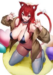 Rule 34 | 1girl, absurdres, animal ears, bikini, black bikini, black choker, blush, breasts, brown coat, cat ears, cat girl, cat tail, choker, cleavage, coat, collarbone, commentary request, from above, full body, hands up, heart, highres, kneeling, large breasts, long hair, long sleeves, looking at viewer, open clothes, open coat, open mouth, original, red eyes, red hair, sidelocks, solo, swimsuit, tail, thighhighs, thighs, white thighhighs, yamanokami eaka