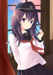Rule 34 | 10s, 1girl, akatsuki (kancolle), anchor symbol, arm behind back, cherry blossoms, curtains, flat cap, hat, holding, holding own hair, indoors, kantai collection, long hair, looking at viewer, neckerchief, purin jiisan, purple eyes, purple hair, red neckerchief, school uniform, serafuku, solo, upper body, window