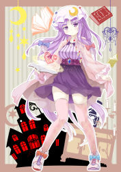 Rule 34 | 1girl, alternate costume, blush, book, breasts, contemporary, crescent, hat, highres, large breasts, long hair, long sleeves, looking at viewer, magic circle, md5 mismatch, patchouli knowledge, pink thighhighs, porurin (do-desho), purple eyes, purple hair, see-through, shoes, skirt, sneakers, solo, thighhighs, touhou, zettai ryouiki