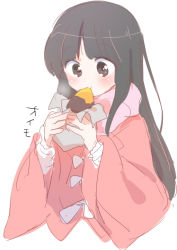 Rule 34 | 1girl, :t, archived source, black hair, blouse, blunt bangs, brown eyes, cropped legs, dot nose, eating, food, food wrapper, from side, hands up, holding, holding food, houraisan kaguya, japanese clothes, light blush, long hair, long sleeves, looking down, machiko (beard), pink scarf, pink shirt, raised eyebrows, roasted sweet potato, scarf, shiny skin, shirt, simple background, sketch, solo, steam, sweet potato, tareme, touhou, upper body, very long hair, white background, wide sleeves