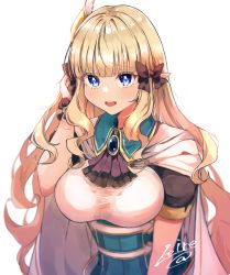 Rule 34 | 1girl, absurdres, ascot, black bow, blonde hair, blue dress, blue eyes, blush, bow, breasts, brooch, cape, dress, elf, gloves, hair bow, highres, jewelry, keinesandayoooo, large breasts, long hair, looking at viewer, open mouth, pointy ears, princess connect!, saren (princess connect!), sidelocks, smile, solo, underbust, white cape, white gloves