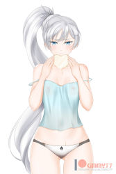 Rule 34 | 1girl, black ribbon, blue eyes, blue shirt, blush, breasts, candy, chocolate, chocolate heart, cleavage, collarbone, cowboy shot, floating hair, food, gluteal fold, hair ornament, heart, high ponytail, highres, holding, kimmy77, long hair, looking at viewer, midriff, off shoulder, panties, patreon logo, ribbon, ribbon panties, rwby, scar, scar across eye, scar on face, see-through, shirt, side ponytail, silver hair, simple background, sleeveless, sleeveless shirt, small breasts, smile, solo, standing, stomach, thigh gap, underwear, underwear only, very long hair, watermark, weiss schnee, white background, white panties