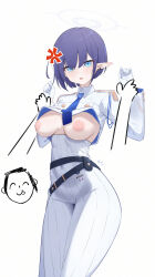 Rule 34 | absurdres, anger vein, aoi (blue archive), doodle sensei (blue archive), belt, blue archive, blue hair, blue necktie, breasts, collared jacket, copyright request, dongye1551, gloves, high-waist skirt, highres, inverted nipples, jacket, medium breasts, mole, mole under eye, necktie, pointy ears, sensei (blue archive), short hair, skirt, white gloves