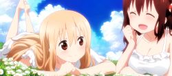 Rule 34 | 10s, 2girls, :d, ^ ^, barefoot, blonde hair, blush, breasts, brown eyes, brown hair, cleavage, closed eyes, closed mouth, cloud, collarbone, day, doma umaru, dress, ebina nana, closed eyes, feet, flower, frilled dress, frills, grass, hair ornament, highres, himouto! umaru-chan, large breasts, laughing, legs up, long hair, lying, multiple girls, official art, on stomach, open mouth, screencap, short sleeves, sky, smile, stitched, the pose, third-party edit, white dress