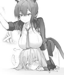 Rule 34 | 1boy, 1girl, alternate breast size, animal ears, ansel (arknights), arknights, bent over, blush, breast rest, breasts, breasts on head, ch&#039;en (arknights), collared shirt, dragon girl, dragon horns, dragon tail, expressionless, fingerless gloves, floppy ears, gloves, greyscale, hair between eyes, horns, jacket, large breasts, long hair, monochrome, necktie, no mouth, open clothes, open jacket, otsumami (02mami), rabbit boy, rabbit ears, shirt, short hair, short sleeves, simple background, sweat, nervous sweating, tail, trap, white background