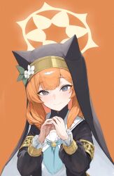 1girl animal_ears bag_(chrko_bag) blue_archive blue_eyes braid cat_ears halo looking_at_viewer mari_(blue_archive) nun orange_background orange_hair school_uniform single_braid solo upper_body veil