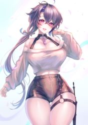 Rule 34 | 1girl, absurdres, azur lane, bare shoulders, belt, breasts, cleavage, cropped sweater, crossed bangs, denchi more power, foch (azur lane), foch (rainbow rendezvous) (azur lane), hair between eyes, high-waist shorts, highres, holster, huge breasts, knife sheath, knife sheath, latex shorts, long hair, midriff peek, o-ring, o-ring belt, off-shoulder sweater, off shoulder, official alternate costume, open mouth, petals, purple eyes, purple hair, sheath, short hair with long locks, shorts, solo, standing, sweater, thigh gap, thigh holster, very long hair, white sweater