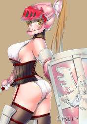 Rule 34 | 1girl, armor, ass, bare shoulders, bernice (sennen sensou aigis), blonde hair, breasts, brown hair, corset, cowboy shot, crotch seam, detached sleeves, female focus, from side, garter straps, gauntlets, helmet, highres, huge breasts, knight, lace, lace-trimmed panties, lace trim, lips, long hair, looking at viewer, no pants, panties, polearm, ponytail, sennen sensou aigis, shield, shigaoka, shigaoka touki, sideboob, skindentation, solo, spear, sword, thighhighs, underwear, very long hair, visor (armor), weapon, white panties, yellow eyes