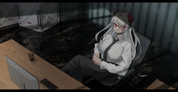 Rule 34 | 1girl, absurdres, alternate costume, azur lane, bespectacled, black necktie, black pants, blouse, breasts, chair, collared shirt, crate, dress shirt, from above, glasses, highres, huge breasts, indoors, j yak47, keyboard (computer), letterboxed, long hair, loose necktie, monitor, multicolored hair, necktie, office lady, pants, prinz eugen (azur lane), rectangular eyewear, red hair, shirt, sitting, solo, streaked hair, table, two-tone hair, white hair, white shirt, wooden table, yellow eyes