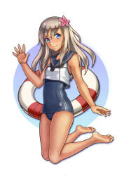 Rule 34 | 1girl, barefoot, black one-piece swimsuit, black sailor collar, blonde hair, blue eyes, commentary request, crop top, flower, full body, hair flower, hair ornament, kantai collection, kneeling, lifebuoy, long hair, looking at viewer, maakun (makun dx), one-piece swimsuit, ro-500 (kancolle), sailor collar, school swimsuit, solo, swim ring, swimsuit, swimsuit under clothes, tan, waving