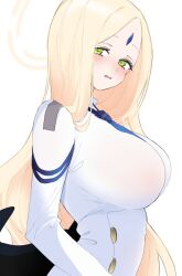 Rule 34 | 1girl, ayumu (blue archive), black wings, blonde hair, blue archive, blush, breasts, dress, forehead jewel, from side, halo, highres, huge breasts, looking at viewer, looking to the side, parted bangs, ririnono (sakuraba77), simple background, solo, upper body, white background, white dress, wings