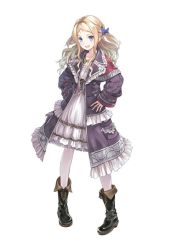 Rule 34 | 1girl, :d, atelier (series), atelier rorona, blonde hair, blue eyes, blush, boots, bow, coat, collarbone, cuderia von feuerbach, dress, female focus, frills, full body, gust, hair bow, hair ribbon, hands on own hips, jewelry, kishida mel, knee boots, long hair, necklace, official art, one side up, open mouth, pantyhose, ribbon, simple background, sleeves past wrists, smile, solo, standing, two side up, white background, white pantyhose