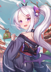 Rule 34 | 1girl, ahoge, black horns, black kimono, blue archive, blush, demon horns, demon wings, grey hair, highres, hina (blue archive), horns, japanese clothes, kimono, long hair, long sleeves, looking at viewer, obi, open mouth, purple eyes, purple wings, sash, smile, solo, uneg, upper body, wide sleeves, wings