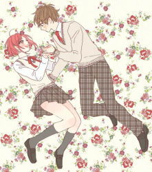 Rule 34 | 1boy, 1girl, ahoge, alternate costume, blush, brown hair, floating, floral background, holding hands, hetero, looking at another, necktie, no.6, open mouth, pants, plaid, plaid pants, plaid skirt, pleated skirt, red eyes, red hair, ribbon, safu, school uniform, shion (no.6), shiro (shounen to hero), short hair, skirt, smile, sweater, sweater vest