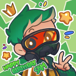 Rule 34 | 1boy, armor, awesamdude, birthday, chibi, chibi only, commentary, creeper, crown, damelives, dream smp, english text, gas mask, gold armor, green hair, green hoodie, green theme, happy birthday, hood, hood down, hoodie, humanization, looking at viewer, male focus, mask, minecraft, minecraft youtube, outline, short hair, solo, star (symbol), w, white outline