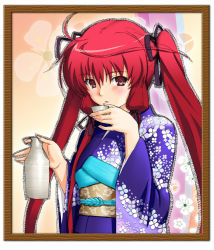 Rule 34 | 00s, blush, drinking, himuro akari, japanese clothes, long hair, night wizard, red eyes, red hair, solo, very long hair