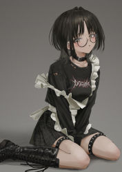 Rule 34 | 1girl, :o, absurdres, apron, band shirt, black footwear, black hair, black shirt, black skirt, boots, choker, collar, cross, cross-laced footwear, cross earrings, earrings, gishiki (gshk), glasses, highres, jewelry, knee boots, lace-up boots, looking at viewer, maid apron, medium hair, merchandise, on floor, original, round eyewear, seiza, shirt, sitting, skirt, solo, t-shirt, torn clothes, torn shirt, yellow eyes
