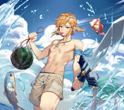 Rule 34 | 1boy, artist request, blonde hair, blue eyes, blue sky, cloud, cloudy sky, coconut, coconut tree, collarbone, day, earrings, fish, food, food in mouth, fruit, highres, holding, holding sword, holding weapon, jewelry, link, looking at viewer, male focus, male swimwear, master sword, navel, necklace, net, nintendo, outdoors, palm tree, pointy ears, ponytail, popsicle, scar, short hair, short hair with long locks, shorts, sidelocks, sky, solo, splashing, stomach, swim trunks, swimsuit, sword, the legend of zelda, the legend of zelda: breath of the wild, toned, topless male, tree, triforce, water, watermelon, weapon, white male swimwear, white swim trunks