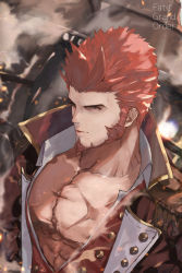Rule 34 | 1boy, beard, blue eyes, brown hair, cannon, close-up, collar, copyright name, epaulettes, facial hair, fate/grand order, fate (series), fringe trim, goatee, highres, huge weapon, jacket, kdm (ke dama), long sideburns, long sleeves, male focus, military, military uniform, muscular, napoleon bonaparte (fate), open clothes, open jacket, open shirt, pectoral cleavage, pectorals, scar, sideburns, solo, unbuttoned, uniform, weapon