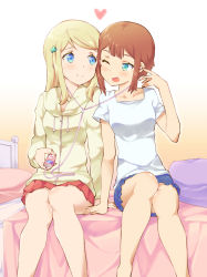 Rule 34 | 2girls, ayase alisa, bed, bedroom, blonde hair, blue eyes, breasts, brown hair, clover hair ornament, commentary, digital media player, duplicate, earphones, eye contact, green eyes, hair ornament, hairclip, happy, heart, indoors, ipod, kosaka yukiho, long hair, looking at another, love live!, multiple girls, nib pen (medium), on bed, one eye closed, open mouth, pillow, shared earphones, shirt, short hair, sitting, skirt, small breasts, smile, takano itsuki, track suit, traditional media, yuri, zipper