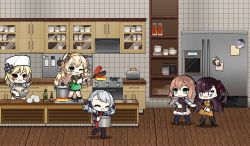 Rule 34 | 5girls, alternate costume, apron, black ribbon, blonde hair, bottle, bowl, bread, bread slice, brown hair, cabinet, chibi, cigar, commentary, cooking, cupboard, egg, english commentary, faucet, fire, flipping food, food, frying pan, fur hat, girls&#039; frontline, glass bottle, green eyes, hair ornament, hair ribbon, hairband, hat, holding, indoors, jacket, jar, knife, lid, long hair, long sleeves, messy hair, multiple girls, nagant revolver (girls&#039; frontline), necktie, one side up, open mouth, oven, plate, pot, purple hair, red eyes, refrigerator, ribbon, s.a.t.8 (girls&#039; frontline), shelf, shirt, short hair, sidelocks, silver hair, sink, smile, sparkling eyes, spas-12 (girls&#039; frontline), spatula, spoon, springfield (girls&#039; frontline), stove, sunglasses, the mad mimic, thompson (girls&#039; frontline), tile wall, tiles, toaster, ventilation shaft, very long hair, wa2000 (girls&#039; frontline), whisk, white headwear, white jacket, white shirt, wooden floor