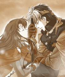 Rule 34 | 1boy, 1girl, breasts, brown hair, cape, circlet, closed eyes, closed mouth, commentary request, dress, earrings, flik (suikoden), gensou suikoden, gensou suikoden i, ghost, gloves, headband, jewelry, long hair, multicolored hair, odessa silverberg, serious, short hair, sword, tsuzuki masumi, two-tone hair, weapon