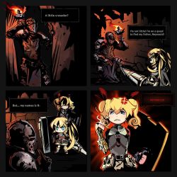 Rule 34 | 1boy, 2girls, absurdres, anger vein, angry, armor, armored boots, armored gloves, belt, blonde hair, blue eyes, boots, cape, chibi, comic, commentary, crossover, crusader (darkest dungeon), darkest dungeon, dungeon, english commentary, english text, father and daughter, fire, fortress (sekaiju), full armor, gauntlets, gloves, hair ribbon, helmet, highres, if they mated, lance, long hair, mistover, mother and daughter, multiple girls, paladin (mistover), pocket, polearm, ribbon, richard catoto, etrian odyssey, sekaiju no meikyuu 4, shield, sitting, sword, torch, twintails, weapon
