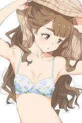 Rule 34 | 1girl, aqua bra, armpits, arms up, bare shoulders, blush, bra, breasts, brown eyes, brown hair, brown shirt, collarbone, commentary request, floral print, head tilt, highres, hiroki (yyqw7151), idolmaster, idolmaster million live!, lace, lace-trimmed bra, lace trim, light blush, long hair, looking away, looking down, miyao miya, parted lips, plaid, plaid shirt, print bra, shirt, simple background, small breasts, solo, thick eyebrows, underwear, undressing, upper body, wavy hair, white background