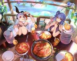 Rule 34 | 2girls, :d, azur lane, bare arms, bare shoulders, beach umbrella, black ribbon, blue hair, blue sky, bracelet, breasts, brown eyes, cloud, commentary request, copyright name, day, essex (azur lane), food, fork, hair between eyes, hair ribbon, holding, holding food, jewelry, large breasts, long hair, looking at viewer, manjuu (azur lane), mole, mole under eye, multiple girls, nijimaarc, ocean, one side up, open mouth, parted lips, pizza, pizza slice, plate, prinz heinrich (azur lane), red eyes, ribbon, sky, smile, umbrella, upper body, very long hair, water, white hair