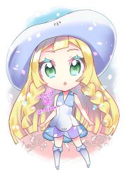Rule 34 | 1girl, :o, bare shoulders, blonde hair, blue footwear, blunt bangs, braid, chibi, collared dress, commentary request, creatures (company), dated, dress, full body, game freak, gradient background, green eyes, hat, heart, kneehighs, lillie (pokemon), long hair, looking at viewer, nintendo, open mouth, plant, pokemon, pokemon sm, see-through, shoes, signature, sleeveless, sleeveless dress, socks, solo, standing, sun hat, sundress, twin braids, very long hair, vines, white dress, white hat, white socks, yoisho (hami)