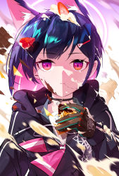 Rule 34 | 1girl, absurdres, animal ear fluff, animal ears, black choker, black gloves, black hair, blue archive, cat ears, cat girl, chocolate, choker, closed mouth, colored inner hair, cream, food, food on face, fruit, gloves, hair in own mouth, hair ornament, hairclip, halo, highres, holding, holding food, hood, hooded jacket, jacket, kazusa (blue archive), long sleeves, looking at viewer, multicolored hair, nasan (coldtime), pink hair, red eyes, sailor collar, school uniform, serafuku, solo, two-tone hair, upper body