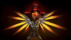 Rule 34 | 1boy, 1girl, backlighting, black background, blonde hair, gloves, glowing, glowing wings, halo, high ponytail, highres, jacket, looking at another, mask, mechanical halo, mechanical wings, mercy (overwatch), mouth mask, overwatch, overwatch 1, ponytail, scar, short hair, soldier: 76 (overwatch), spread wings, wallpaper, wings, yellow wings