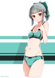 Rule 34 | 1girl, absurdres, aqua bra, aqua panties, blunt bangs, blush, bow, bra, breasts, brown eyes, grey hair, groin, hair bow, highres, kantai collection, lingerie, long hair, navel, open mouth, panties, ponytail, small breasts, solo, sweat, thighs, twitter username, underwear, uut, yuubari (kancolle)