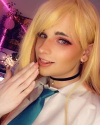 Rule 34 | 1boy, androgynous, blonde hair, blue necktie, collared shirt, color contacts, contact lens, cosplay, cosplay photo, crossdressing, earrings, fingernails, gold earrings, hand on own chin, hand on own face, indoors, its peachybunnn, ivy, jewelry, kitagawa marin, lamp, lantern, lips, long fingernails, long hair, looking at viewer, multicolored hair, nail polish, necktie, open mouth, paid reward available, paper lantern, photo (medium), pink background, pink eyes, portrait, poster (object), selfie, shirt, solo, sono bisque doll wa koi wo suru, teeth, tongue, trap, upper teeth only, wall, white shirt, wig