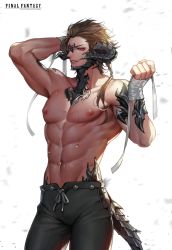 Rule 34 | 1boy, abs, absurdres, arm up, au ra, warrior of light (ff14), bandaged hand, bandages, biceps, black pants, brown hair, collarbone, copyright name, cowboy shot, dragon horns, dragon tail, fictional persona, final fantasy, final fantasy xiv, hair ribbon, hajun (hey sangha), hand up, highres, horns, huge filesize, lips, long hair, looking at viewer, male focus, muscular, muscular male, navel, nipples, pants, parted lips, pectorals, ponytail, red eyes, ribbon, scales, smile, stomach, sweat, tail, topless male, twitter username, watermark, web address