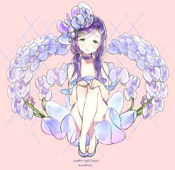 Rule 34 | 10s, 1girl, anco (melon85), artist name, bare shoulders, bonnet, choker, crossed legs, dress, flower, green eyes, happy birthday, hat, hat flower, legs together, looking at viewer, love live!, love live! school idol festival, love live! school idol project, purple hair, sitting, smile, strapless, strapless dress, swept bangs, tojo nozomi, twintails