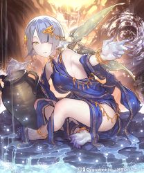 Rule 34 | 10s, 1girl, cygames, dress, gloves, hair ornament, hair over one eye, jug (bottle), kanjy00u, looking at viewer, magic, outstretched arm, shingeki no bahamut, side slit, silver hair, sitting, sleeveless, sleeveless dress, smile, solo, water, webbed feet, webbed hands, white gloves, wings, yellow eyes