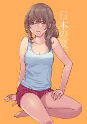 Rule 34 | 1girl, absurdres, blush, brown eyes, brown hair, commentary, highres, hot, original, ponytail, short shorts, shorts, simple background, sitting, solo, sweat, tank top, tanuki koubou, translated, wariza, yellow background